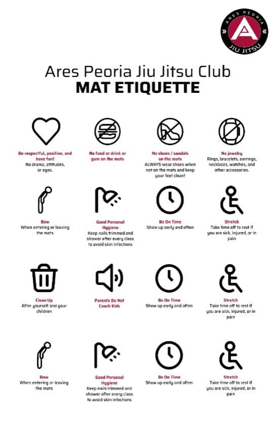 Ares Peoria Jiu Jitsu Club infographic summarizing expected mat etiquette. Text version is listed on this page.