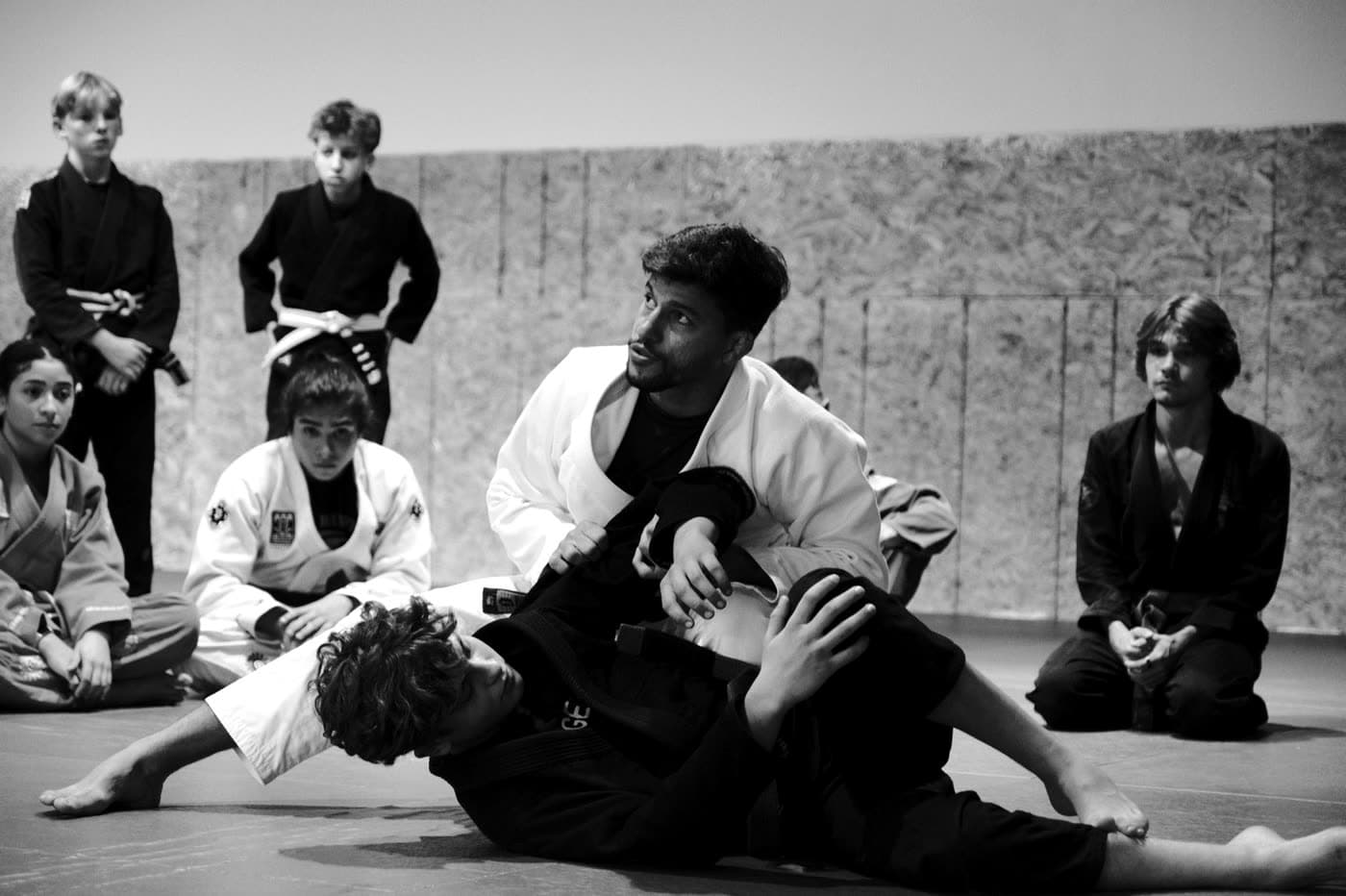Professor Livio and students on the academy mats
